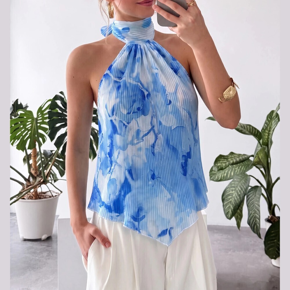 Blue Tie Dye Pleated Halter Top with Asymmetric Hem